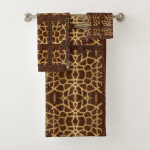 Vintage Leather Tribal Giraffe Animal Print Bath Towel Set