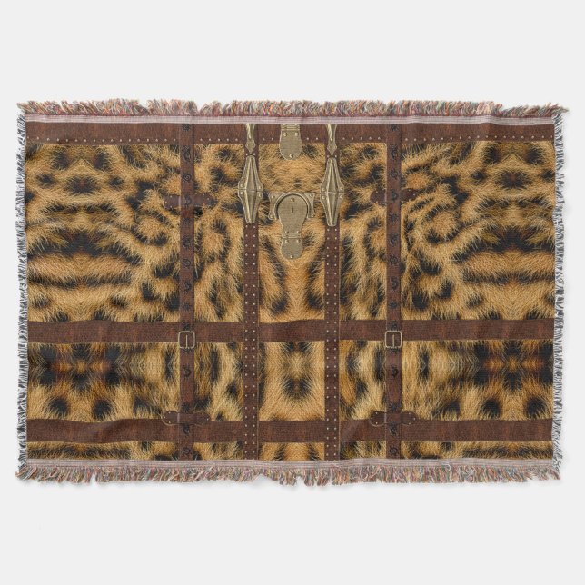 Vintage Leather Tribal Leopard Animal Print Throw Blanket (Front)