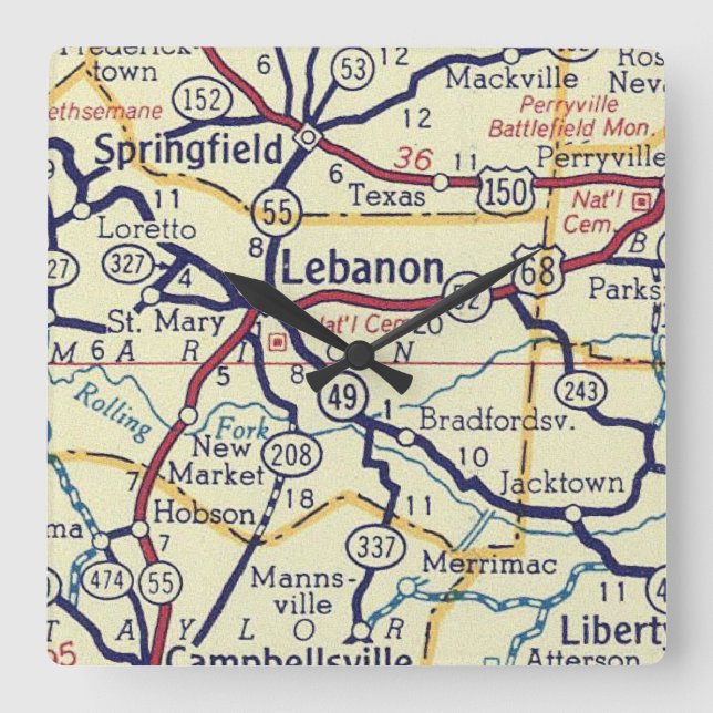 Vintage Lebanon KY Map Square Wall Clock (Front)
