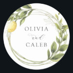 Vintage Lemon and Greenery Wedding  Classic Round Sticker<br><div class="desc">Seal your invitation envelopes or favours with these adorable stickers. Featuring your names framed by a watercolor wreath of lemons and greenery. Coordinates with the Lemon Branch collection found in the Adore Paper Co. Zazzle Shop.</div>