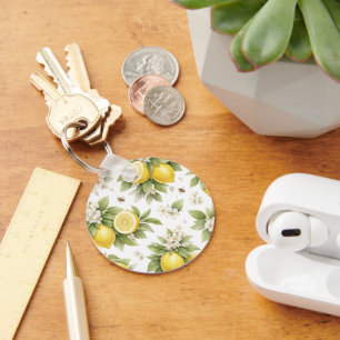 Vintage Lemon Blossom Pattern Cottagecore Citrus Key Ring