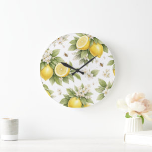 Vintage Lemon Blossom Pattern Cottagecore Citrus Large Clock