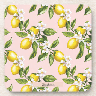 Vintage Lemon & Blossom Pattern on Pink (2) Coaster