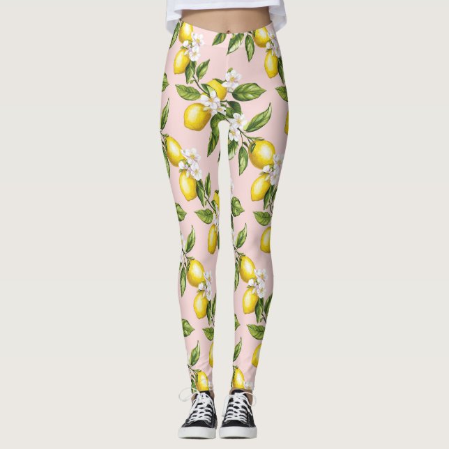 Vintage Lemon & Blossom Pattern on Pink (2) Leggings (Front)
