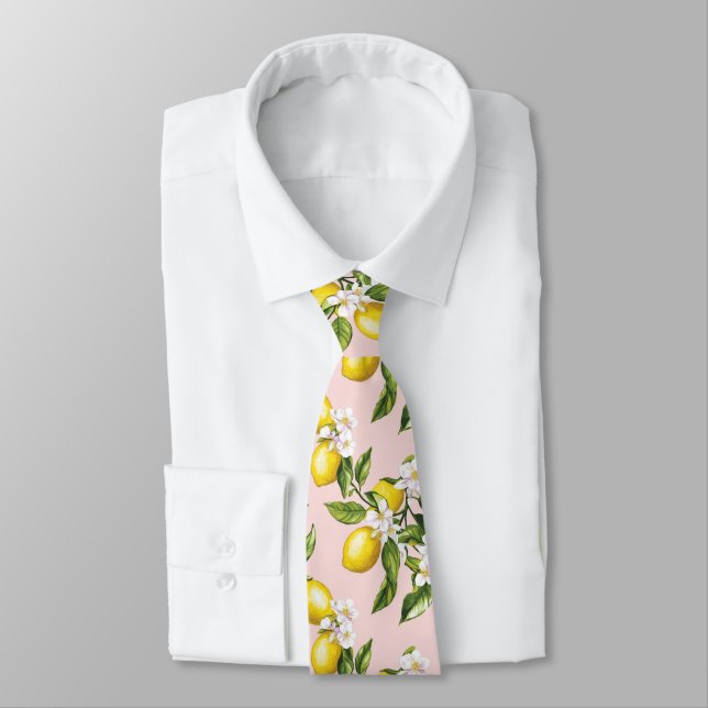 Vintage Lemon & Blossom Pattern on Pink (2) Tie (Tied)