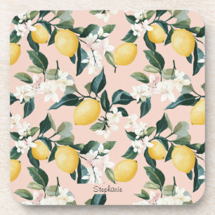 Vintage Lemon & Blossom Pattern on Pink Coaster