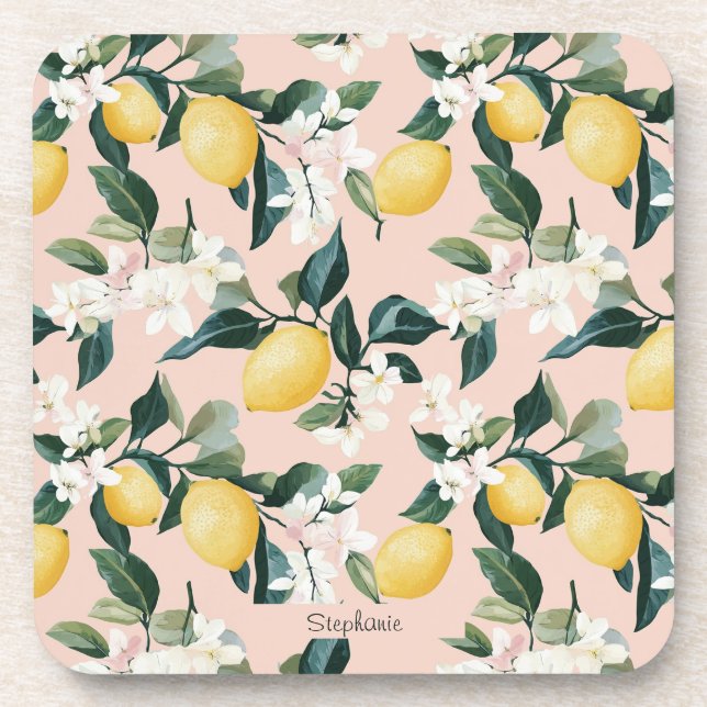 Vintage Lemon & Blossom Pattern on Pink Coaster (Front)
