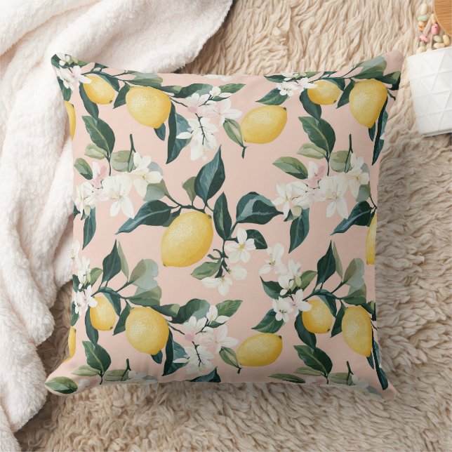 Vintage Lemon & Blossom Pattern on Pink Cushion (Blanket)