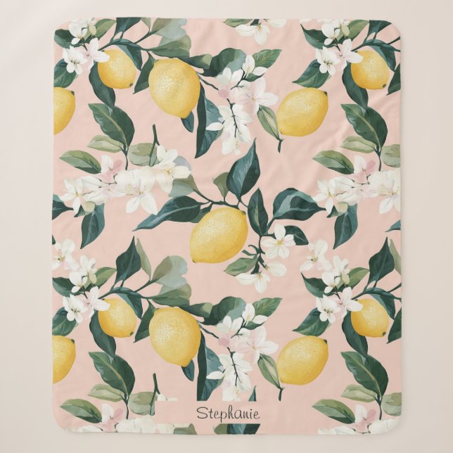 Vintage Lemon & Blossom Pattern on Pink Sherpa Blanket (Front)