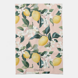Vintage Lemon & Blossom Pattern on Pink Tea Towel
