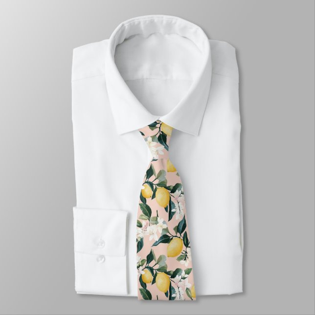 Vintage Lemon & Blossom Pattern on Pink Tie (Tied)