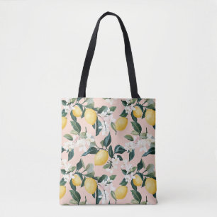 Vintage Lemon & Blossom Pattern on Pink Tote Bag
