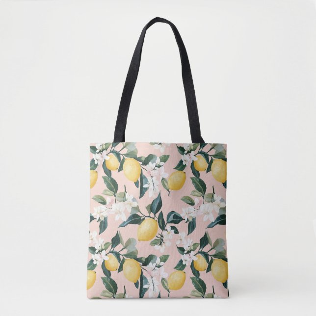 Vintage Lemon & Blossom Pattern on Pink Tote Bag (Front)