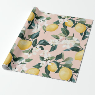 Vintage Lemon & Blossom Pattern on Pink Wrapping Paper
