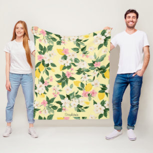 Vintage Lemon & Blossom Pattern on Yellow Fleece Blanket