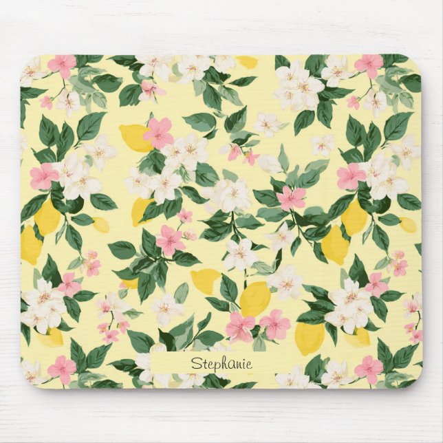 Vintage Lemon & Blossom Pattern on Yellow Mouse Mat (Front)