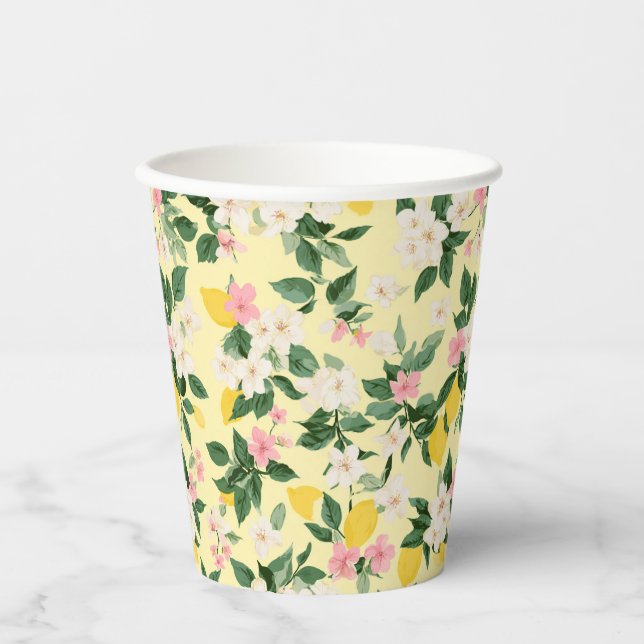 Vintage Lemon & Blossom Pattern on Yellow Paper Cups (Front)