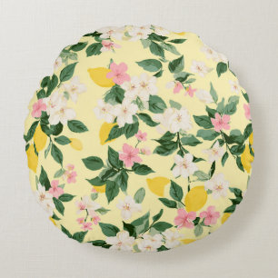 Vintage Lemon & Blossom Pattern on Yellow Round Cushion