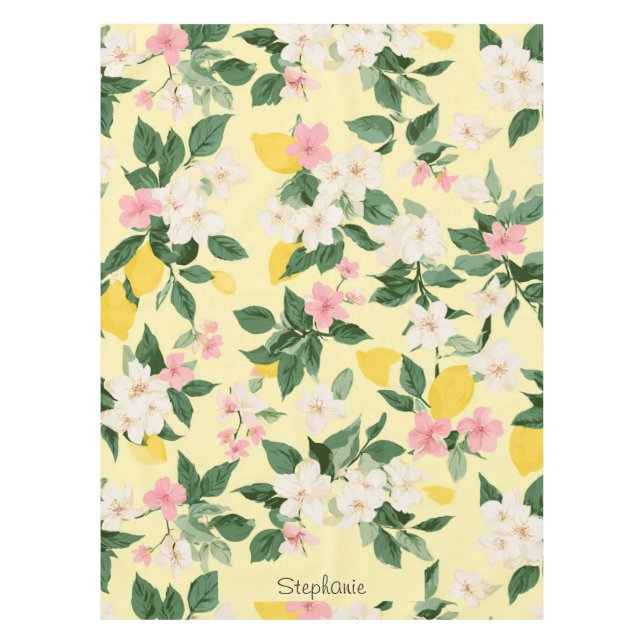 Vintage Lemon & Blossom Pattern on Yellow Tablecloth (Front)