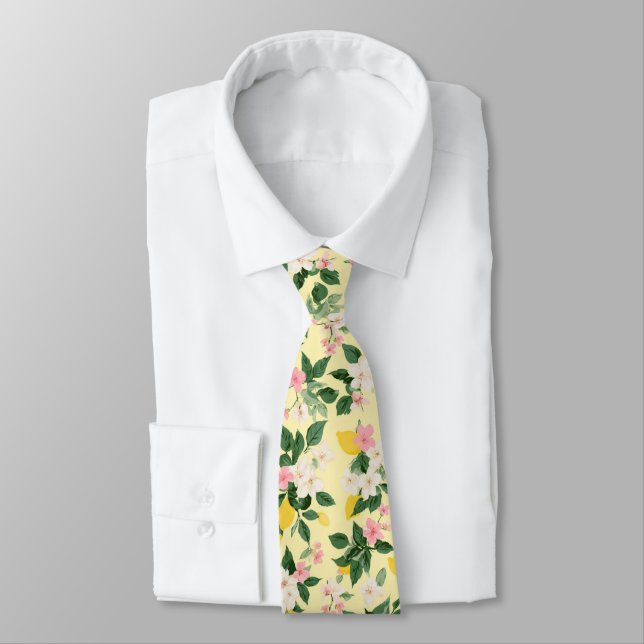 Vintage Lemon & Blossom Pattern on Yellow Tie (Tied)