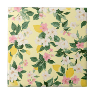 Vintage Lemon & Blossom Pattern on Yellow Tile