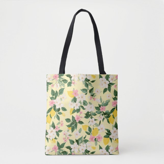 Vintage Lemon & Blossom Pattern on Yellow Tote Bag (Front)