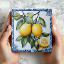 Vintage Lemon & Blue Border Ceramic Tile