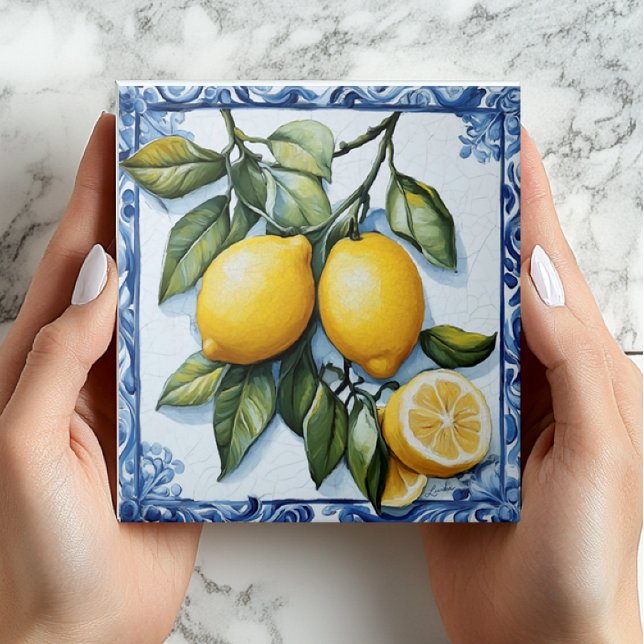 Vintage Lemon & Blue Border Ceramic Tile (Vintage European Lemons Ceramic Tile in Classic Pottery Painted Style with Blue Border Shower Favor)