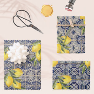 Vintage Lemon Blue Portuguese Tile Mediterranean Wrapping Paper Sheet