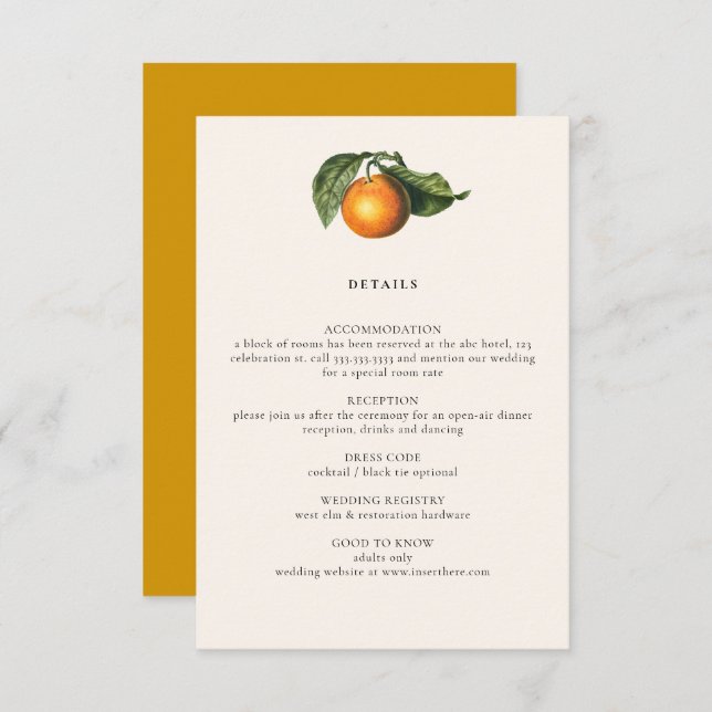 Vintage Lemon Citrus Botanical Wedding Details Enclosure Card (Front/Back)