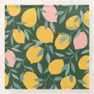 Vintage Lemon Fruit Seamless Pattern Glass Coaster
