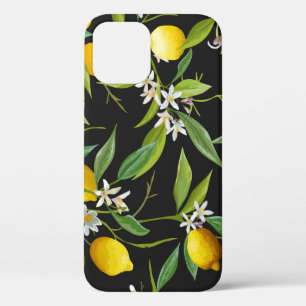 Vintage lemon fruits and flowers on dark backgroun iPhone 12 case