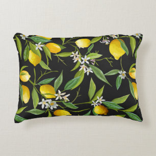 Vintage lemon fruits and flowers on dark backgroun decorative cushion