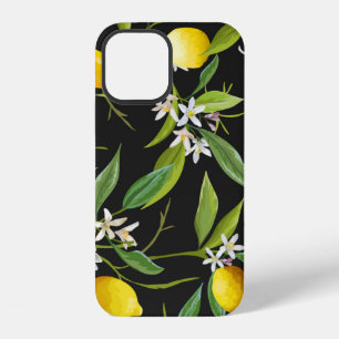Vintage lemon fruits and flowers on dark backgroun iPhone 12 case