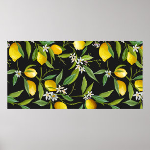 Vintage lemon fruits and flowers on dark backgroun poster