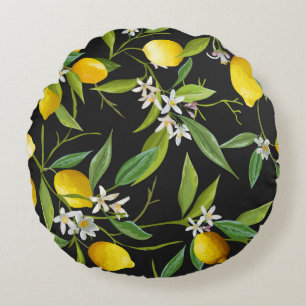 Vintage lemon fruits and flowers on dark backgroun round cushion