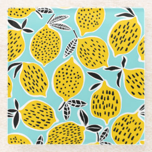 Vintage Lemon: Hand-Drawn Seamless Pattern Glass Coaster