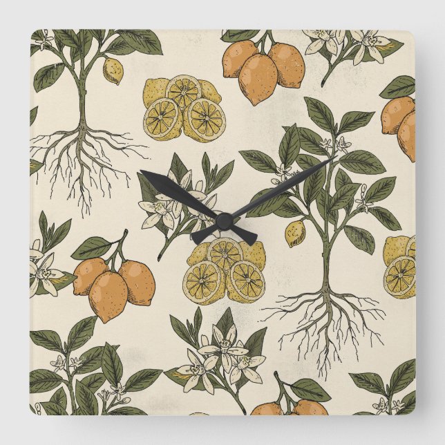 Vintage Lemon Pattern Square Wall Clock (Front)