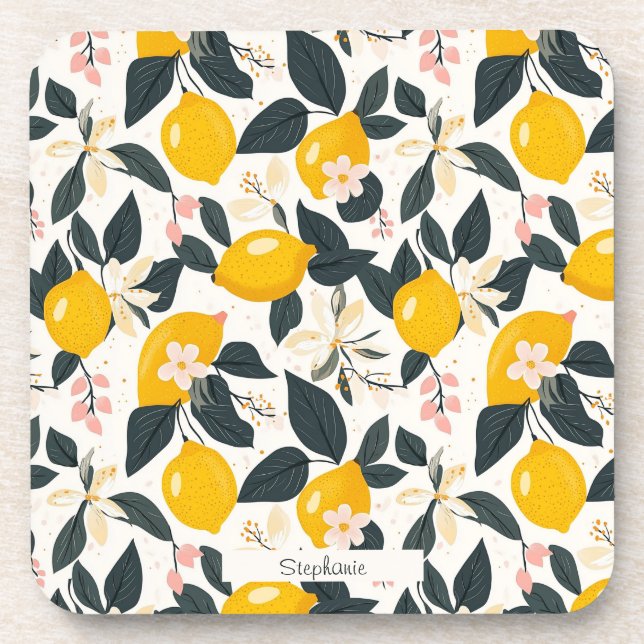 Vintage Lemon & Pink Blossom Pattern Coaster (Front)