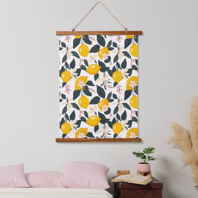 Vintage Lemon & Pink Blossom Pattern Hanging Tapestry (Bedroom)