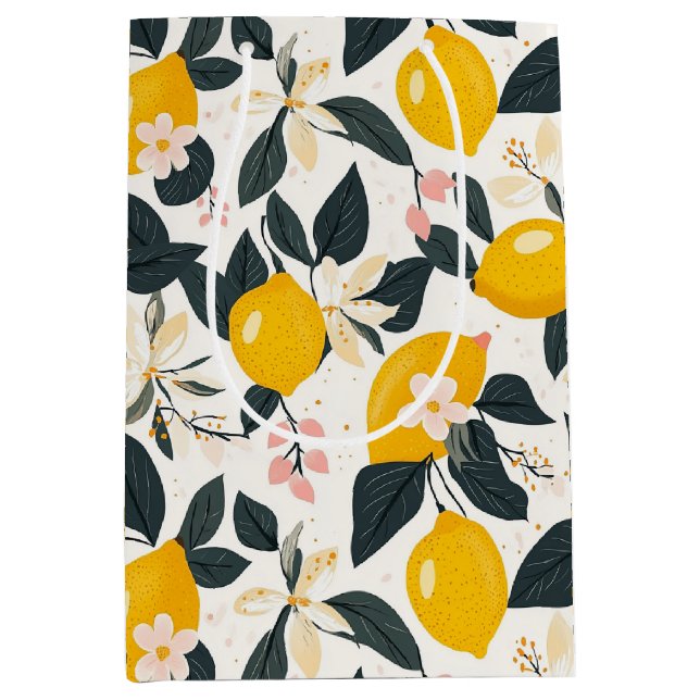 Vintage Lemon & Pink Blossom Pattern Medium Gift Bag (Front)