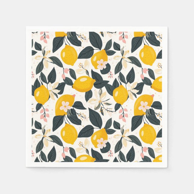 Vintage Lemon & Pink Blossom Pattern Napkin (Front)