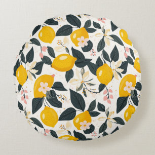 Vintage Lemon & Pink Blossom Pattern Round Cushion