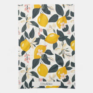 Vintage Lemon & Pink Blossom Pattern Tea Towel