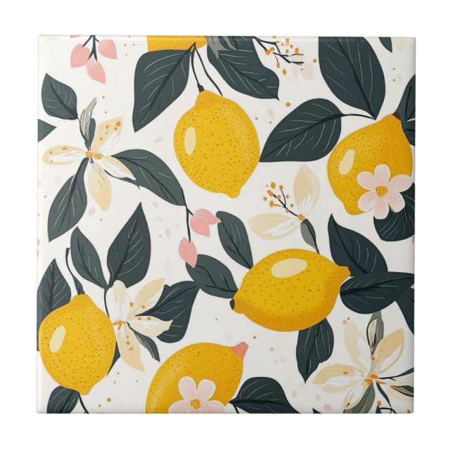 Vintage Lemon & Pink Blossom Pattern Tile (Front)