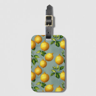 Vintage Lemons and Leaves Art Pattern on Grey Luggage Tag
