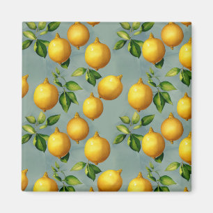 Vintage Lemons and Leaves Art Pattern on Grey Magnet