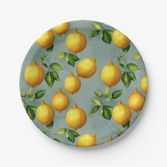 Vintage Lemons and Leaves Art Pattern on Grey Paper Plate (Front)