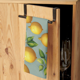 Vintage Lemons and Leaves Art Pattern on Grey Tea Towel
