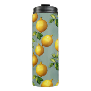Vintage Lemons and Leaves Art Pattern on Grey Thermal Tumbler
